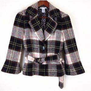 CAbi Kate Plaid Belted, Wool & Tweed Blended Blazer